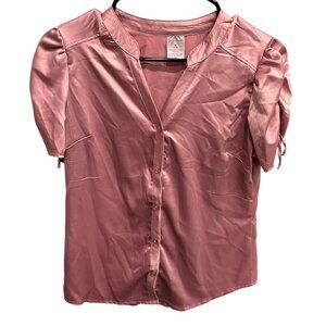 No Boundaries Pink Satin Button Down Short Sleeve Blouse Tie Details Size M